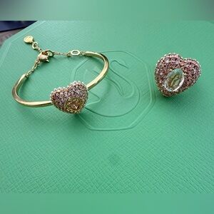 Gold Heart Crystal Bracelet and Ring Set - Pink Heart Accent